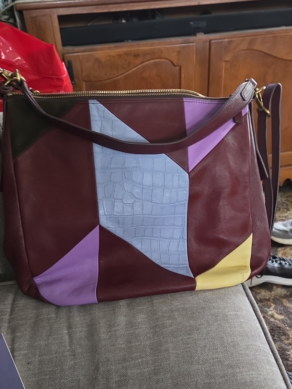 Fossil Patchwork Crossbody Bag in Burgundy with Pastel Accents